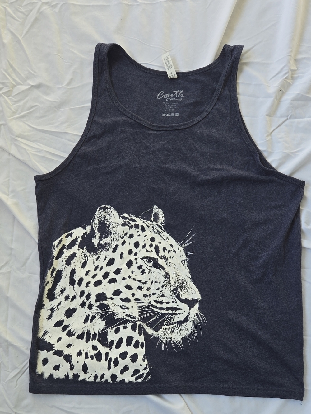 Unisex Tiger Face Tank Top, Blue, Silkcreened Tiger Face In White, Size L.